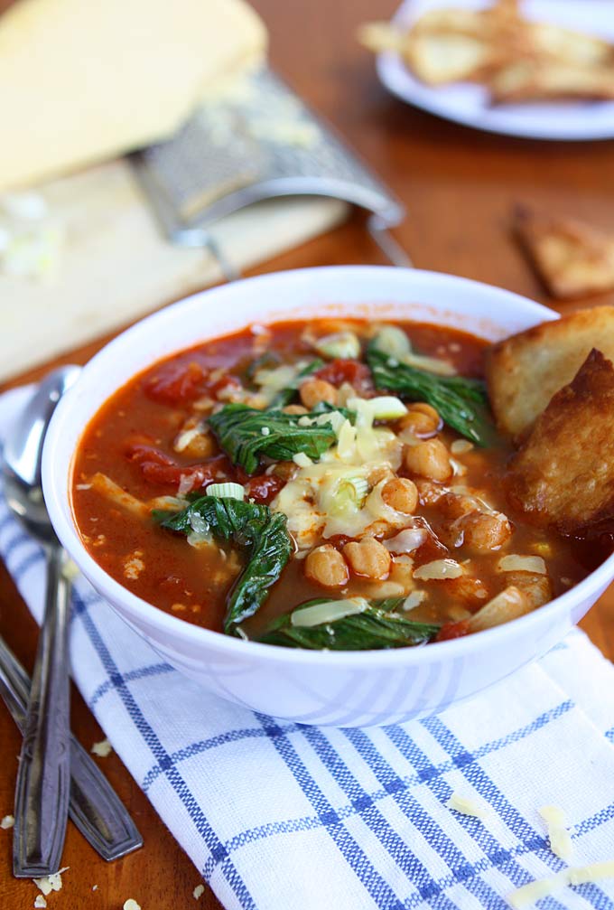 Bok Choy, Chickpea, Tomato Stew with Homemade Tortilla Chips and Gouda | thekitchenpaper.com